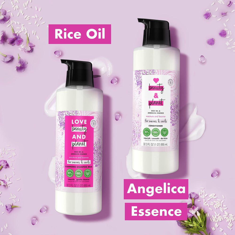 Love Beauty and Planet waves-and-curls bottle on vanity shows defined, bouncy textures.