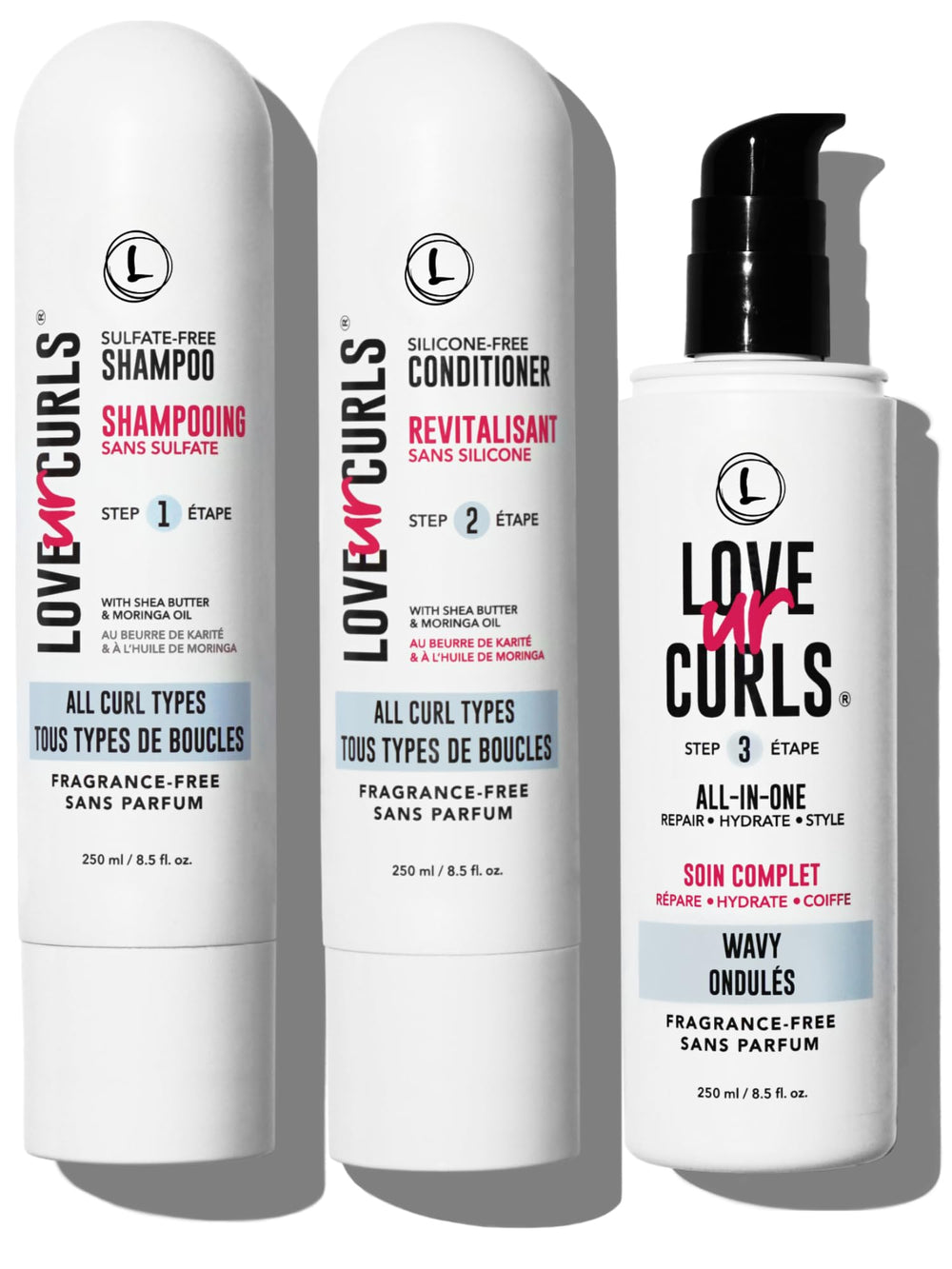 Love Ur Curls fragrance-free shampoo bottle for gentle cleansing of waves.