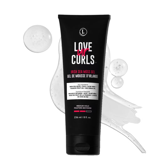Love Ur Curls Irish Sea Moss Hair Gel bottle front shows vegan, cruelty-free styling.