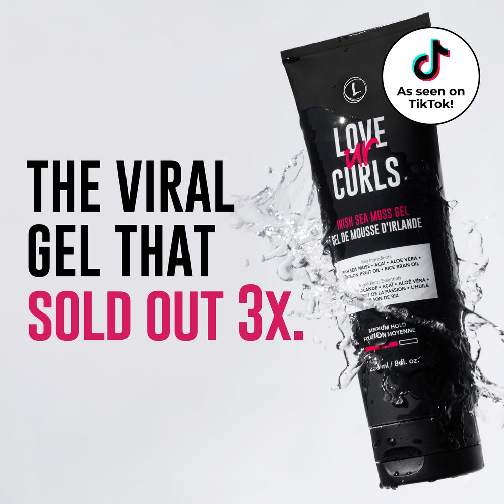 Love Ur Curls Irish Sea Moss Hair Gel bottle highlights moisture-boosting ingredients.