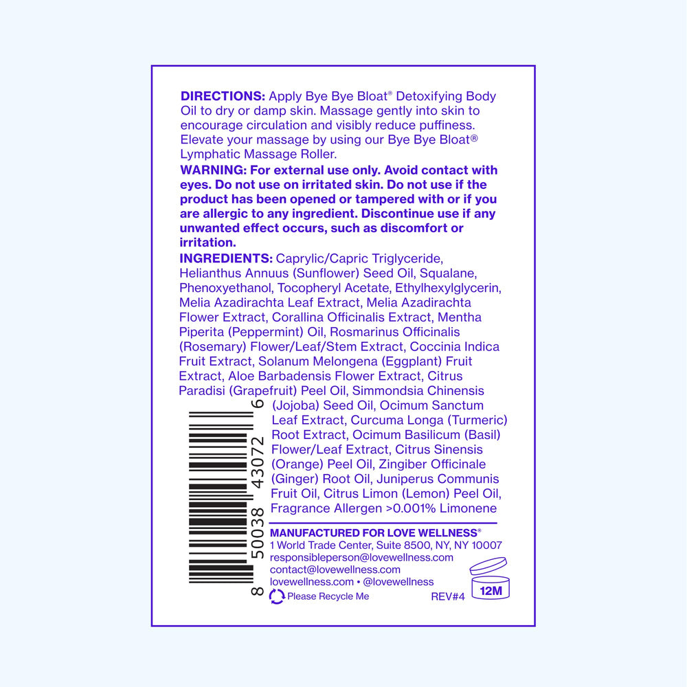 Love Wellness Bye Bye Bloat Oil depuffing effect on swollen areas.