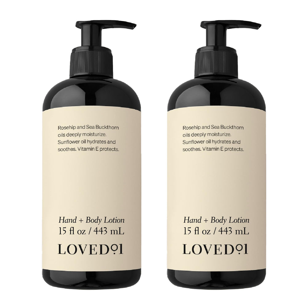 Loved01 Hand & Body Lotion two-pack front view shows packaging for daily moisture