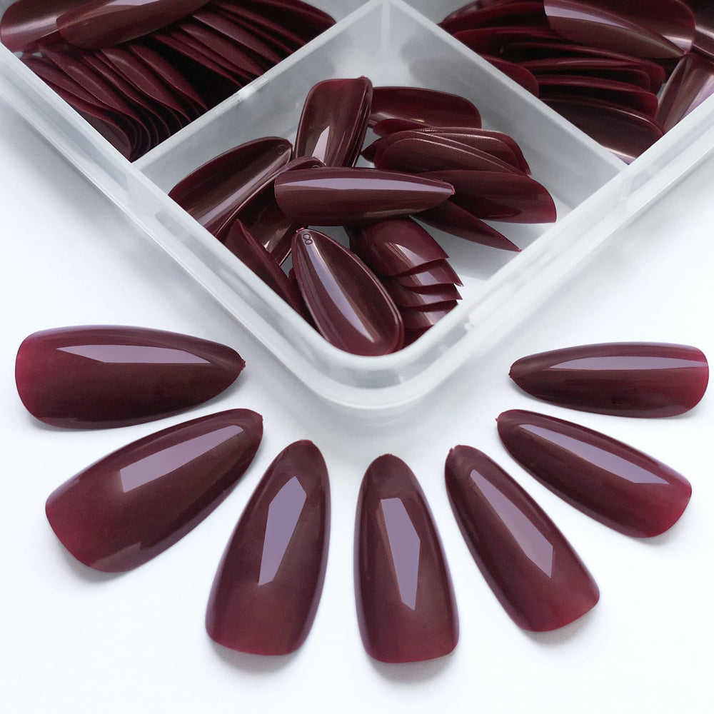 LoveOurHome glossy burgundy nails with a durable finish.