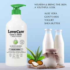 Lover's Care Goat Milk Lotion aloe vera close-up highlights soothing aloe benefits.