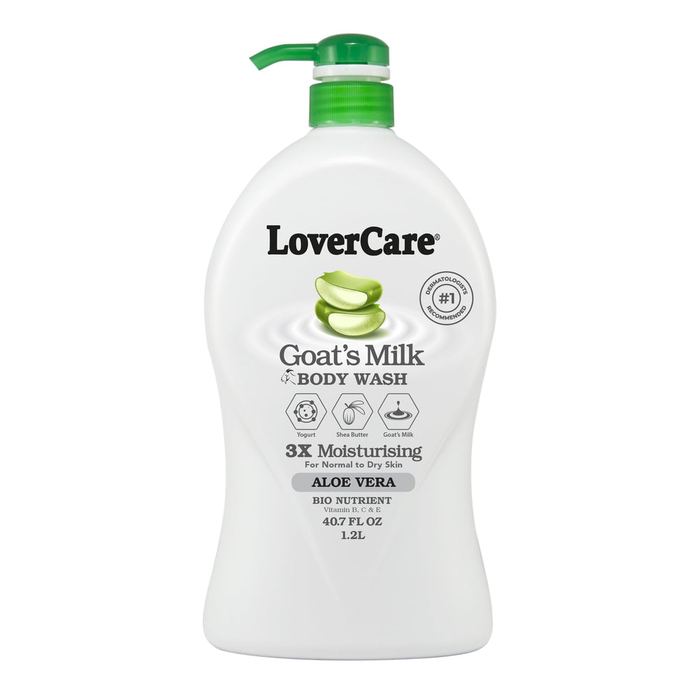 LoverCare Goat Milk Shower Cream bottle pour delivers gentle cleanse with lasting moisture.