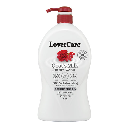 Lover's Care Goat Milk Body Wash bottle with rose hip seed oil, nourishing skin.