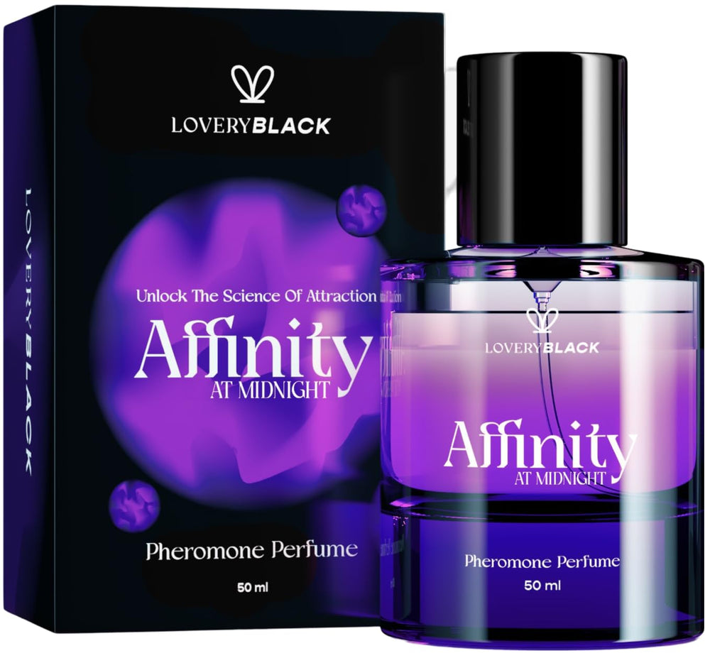 LOVERY Affinity at Midnight perfume bottle on display, boosting confidence with a subtle magnetic aura.