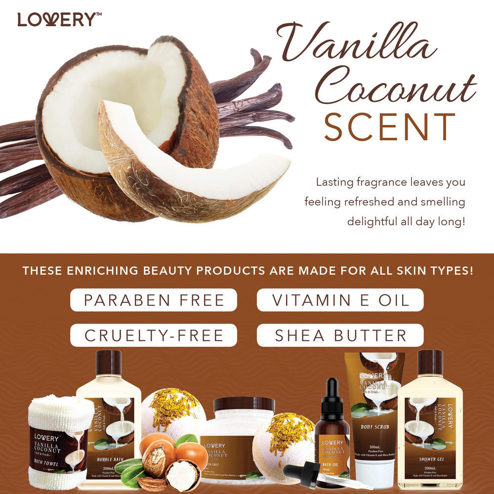 LOVERY vanilla coconut body oil – lightweight hydration nourishes skin after shower.