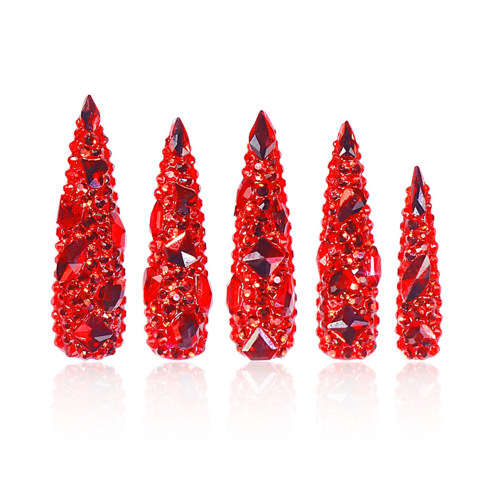 LOVFUL Flaming Luxury Red Stiletto nails with full crystals for glamorous evenings.