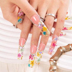 LOVFUL Flora nails featuring crystal details and square mid-length style