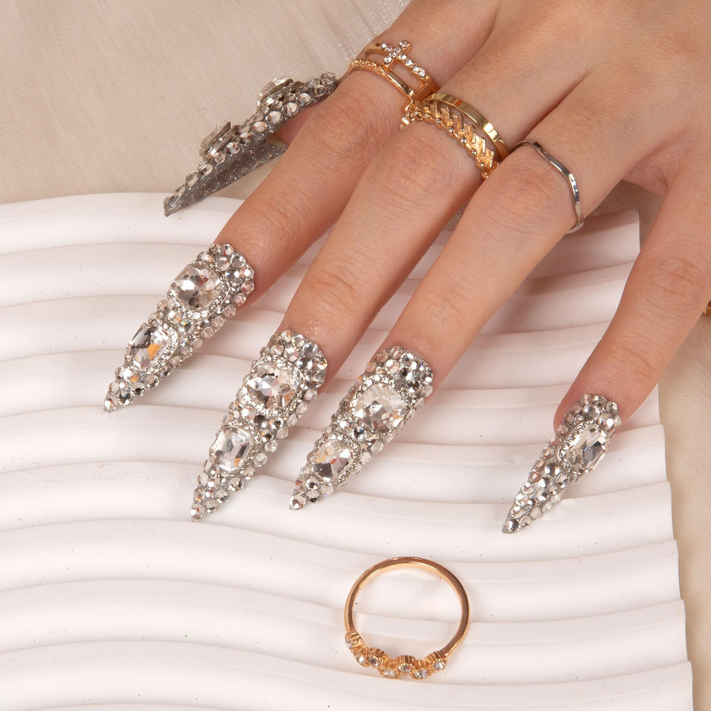 LOVFUL handmade full-cover nails showcasing crystal detail for luxury look.