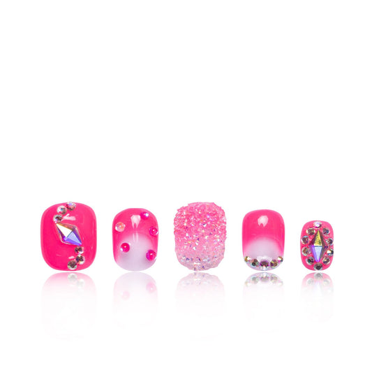 LOVFUL Pink Typhoon nails with full crystals for a salon-quality look.