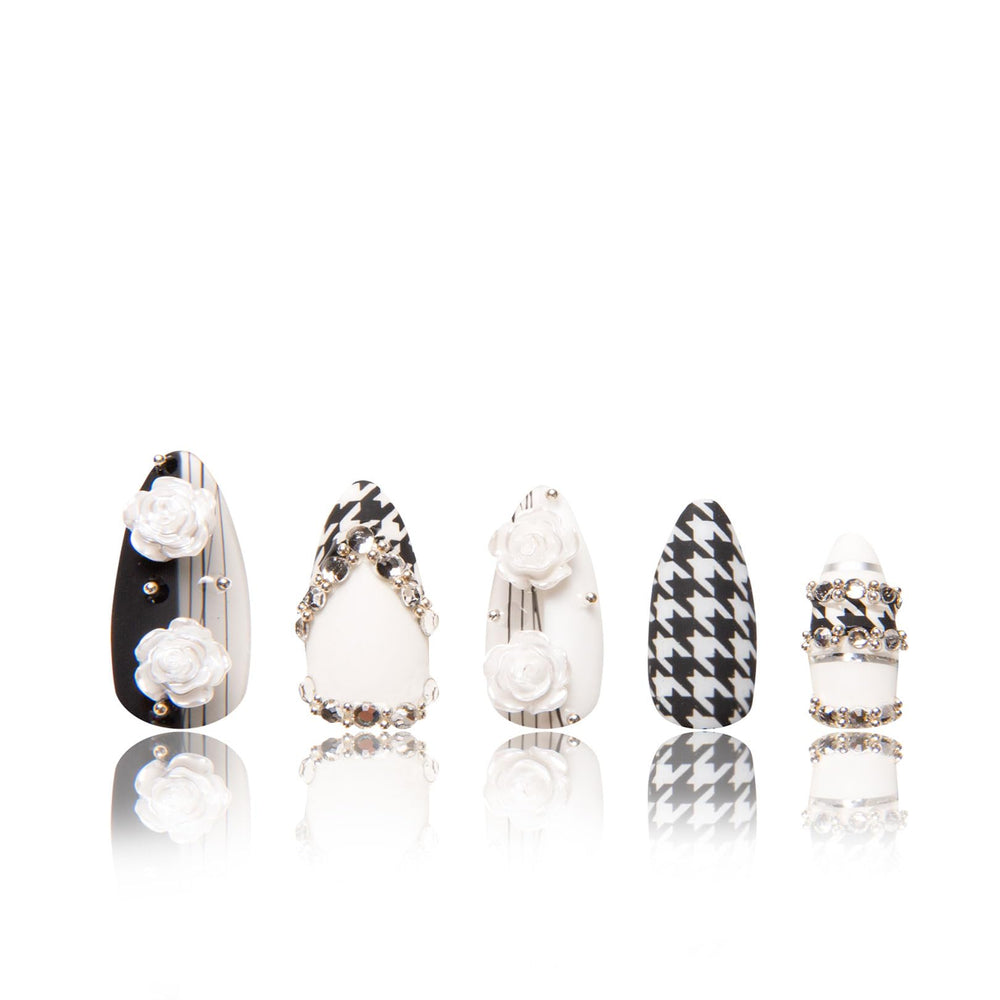 Lovful press-on nails in houndstooth with crystals for glamorous events