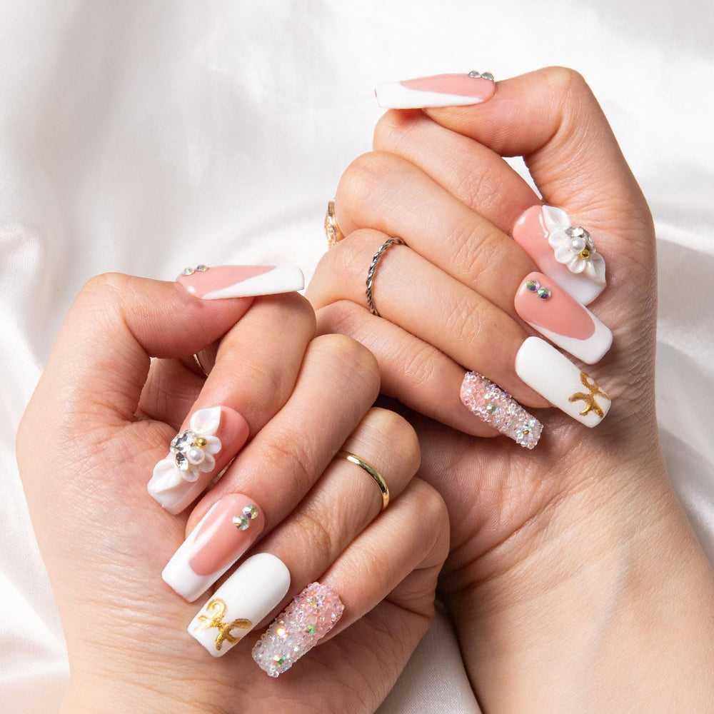 Model wearing LOVFUL Only You nails during daily styling