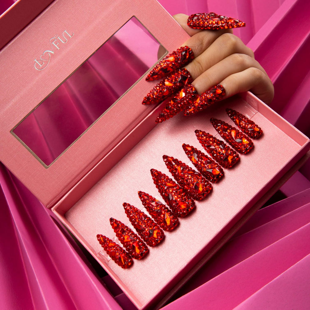 LOVFUL bold red manicure for confident, eye-catching looks.