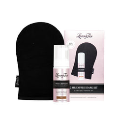 Loving Tan 2HR Express Mousse travel kit showing tinted colour guide for even application.
