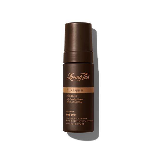 Loving Tan Platinum 2HR Express bottle front with color guide for streak-free tanning