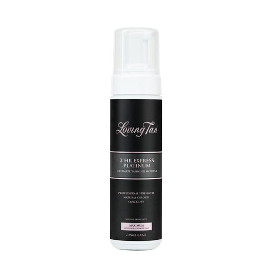 Loving Tan Platinum 2 HR Express bottle shows a deep shade for a sunless glow.