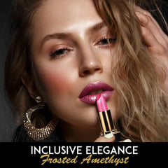 L'Paige Frosted Amethyst Lipstick on lips shows hydrated, shimmering finish.
