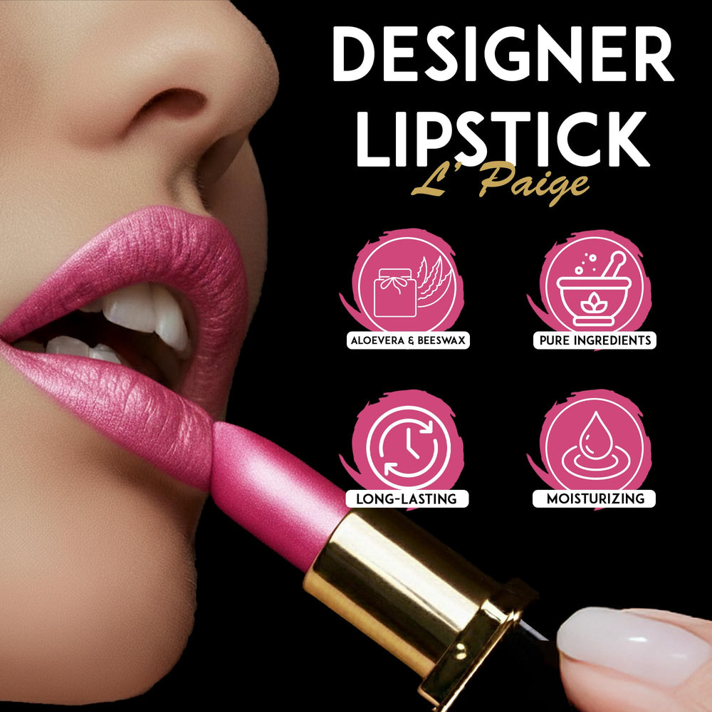 L'Paige lipstick bottle and packaging highlighting branding.