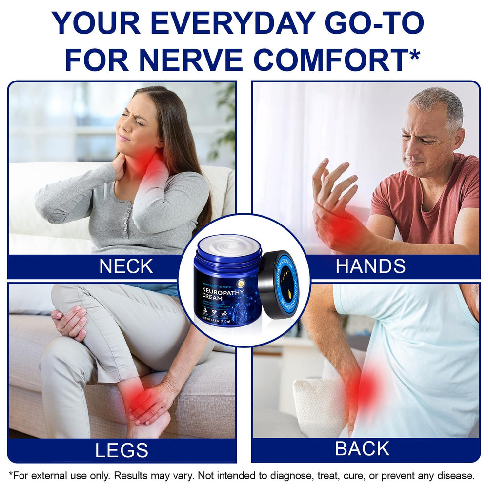 Two-pack LTQXGT Nerve Relief Cream on bathroom shelf.