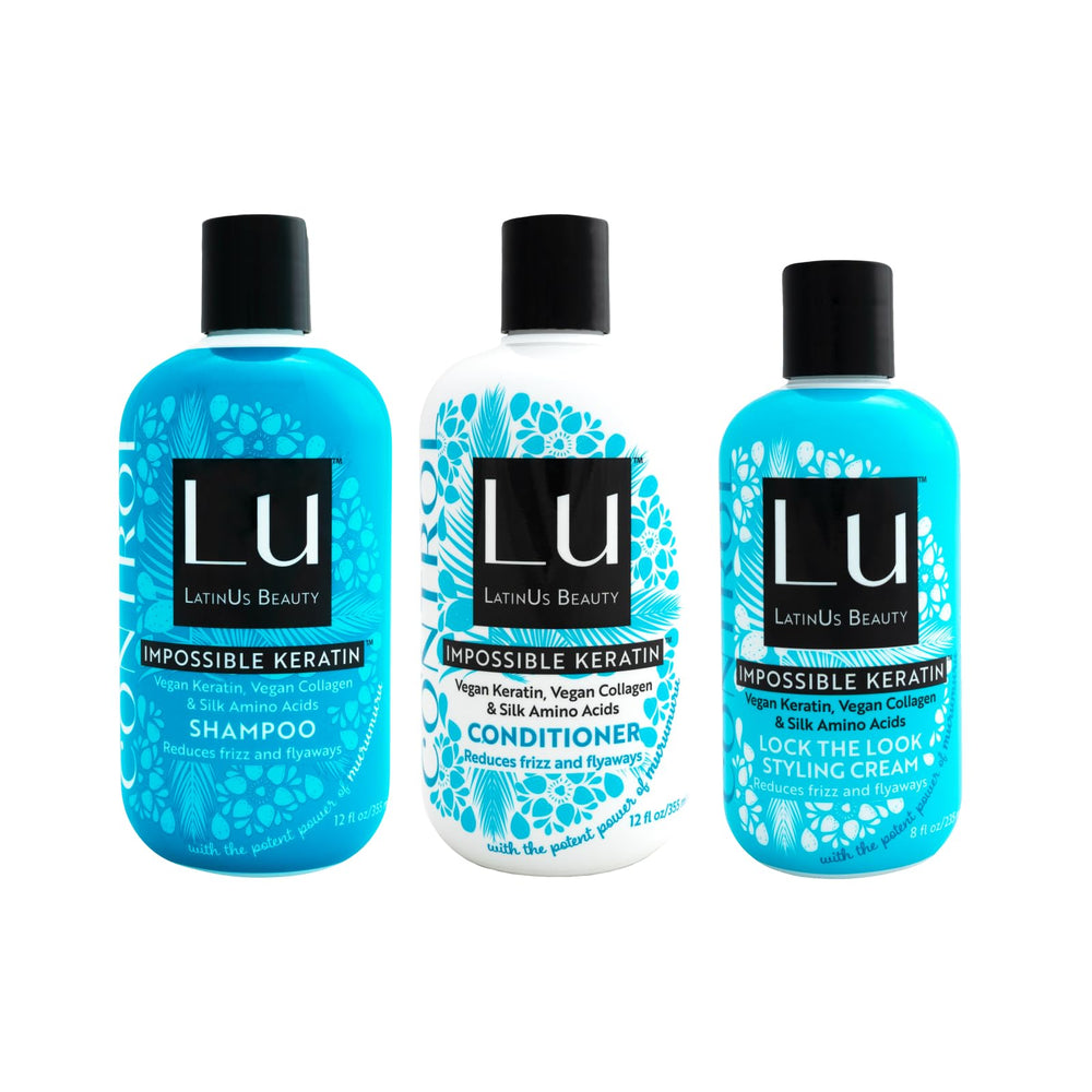 Lu by LatinUs shampoo bottle showing anti-frizz protection for smoother styling