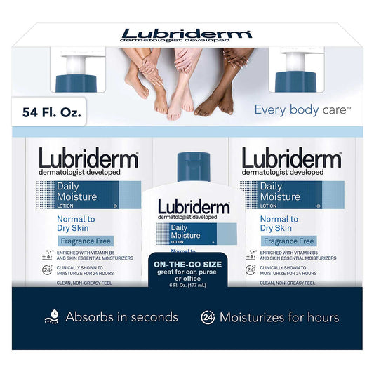 Lubriderm Daily Moisture fragrance free bottle shown for everyday hydration