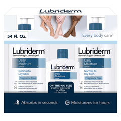 Lubriderm Daily Moisture fragrance free bottle shown for everyday hydration