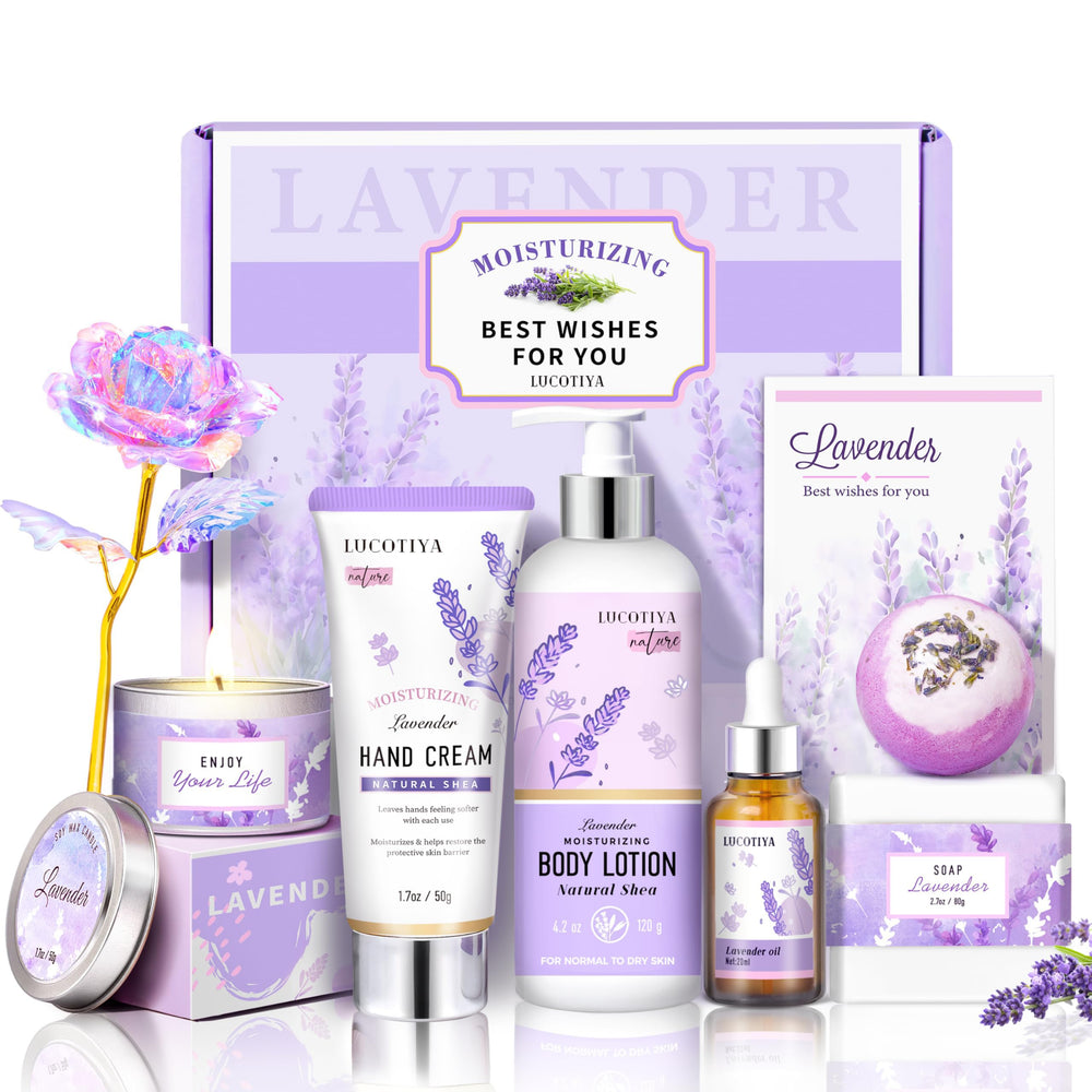 LUCOTIYA Lavender Spa Gift Set box, ready for gifting and self-care routines.