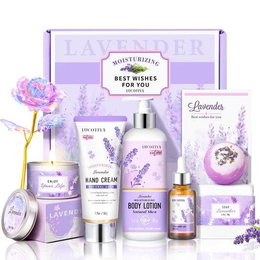 LUCOTIYA Lavender Spa Gift Set box, ready for gifting and self-care routines.