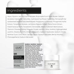 LULLAGE Eye Cream Silk Tree Bark visual emphasizes hydrating, smoothing action for under-eye areas.