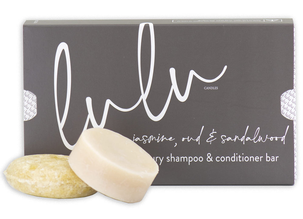 Lulu Candles Jasmine Oud Sandalwood shampoo bar for travel-friendly cleansing.
