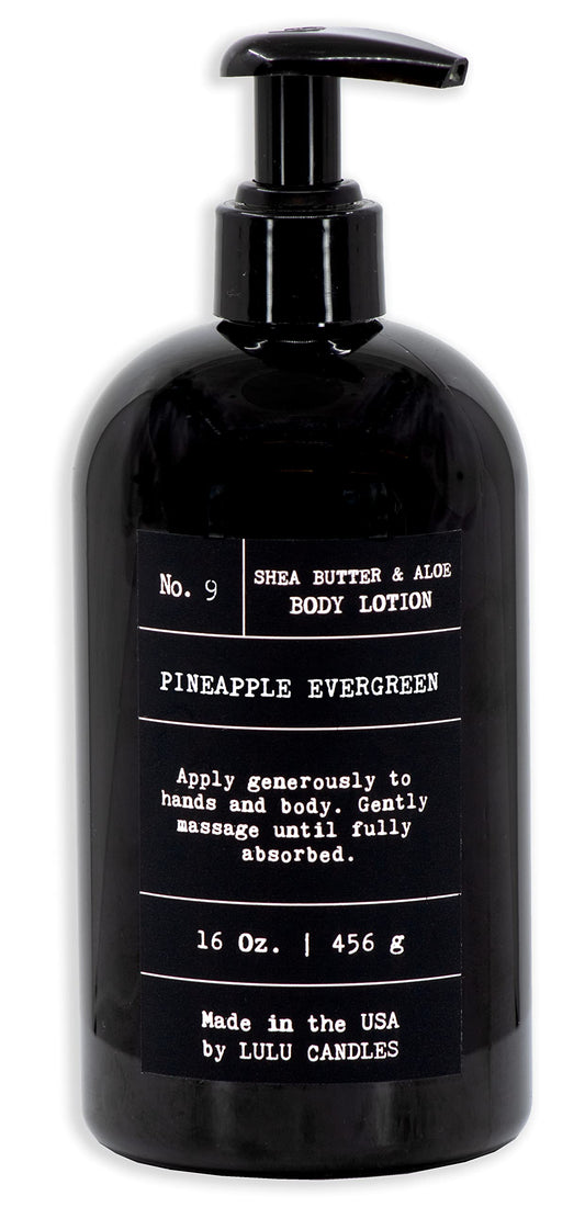 Lulu Candles Pineapple Evergreen lotion bottle delivering long-lasting hydration without greasiness.