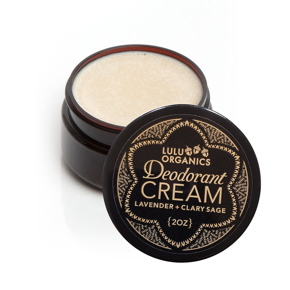 Lulu Organics lavender deodorant cream jar offering gentle, long-lasting odor control.