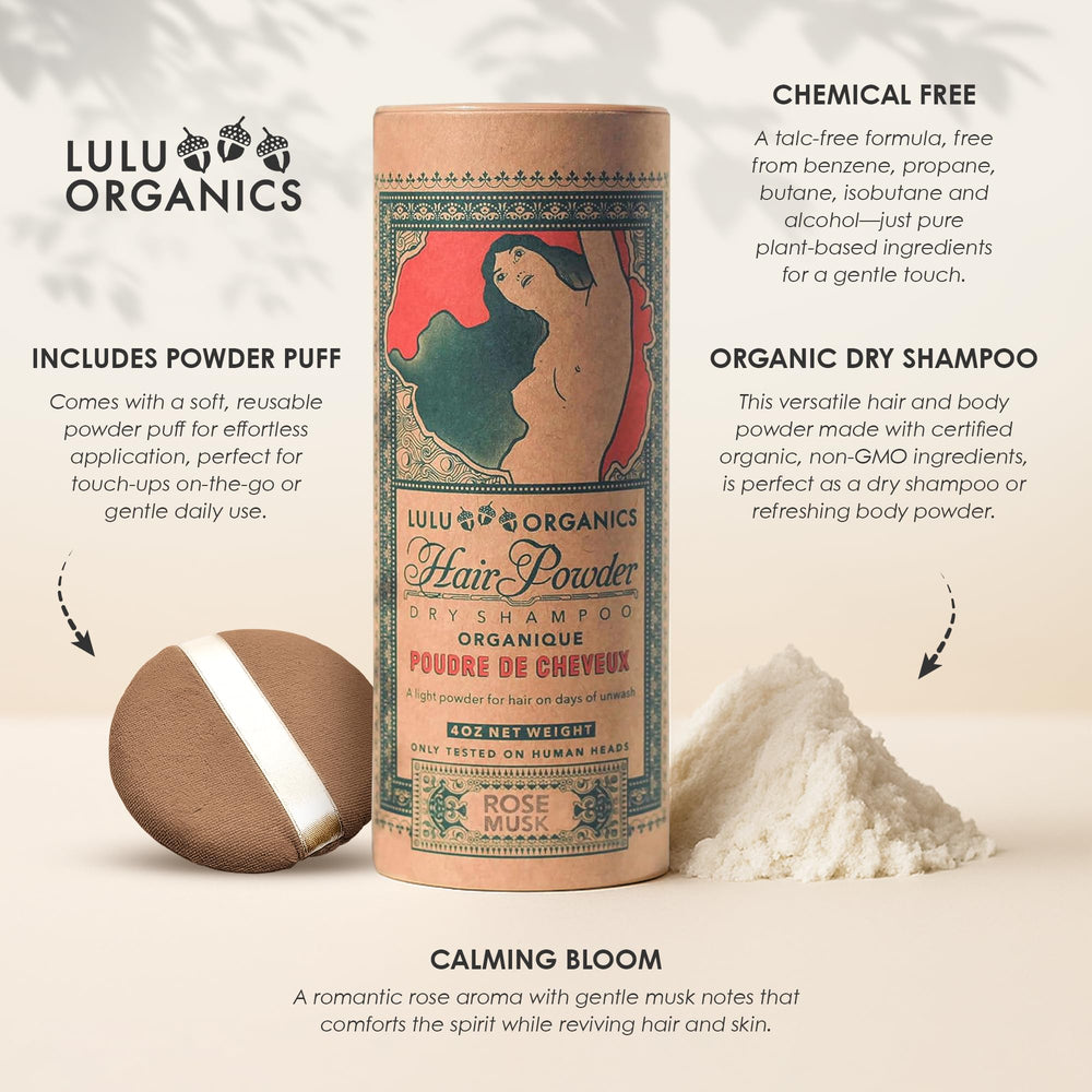 Lulu Organics dry shampoo powder applied at roots for quick oil absorption.