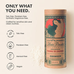 Lulu Organics dry shampoo powder on roots delivers oil control and volume