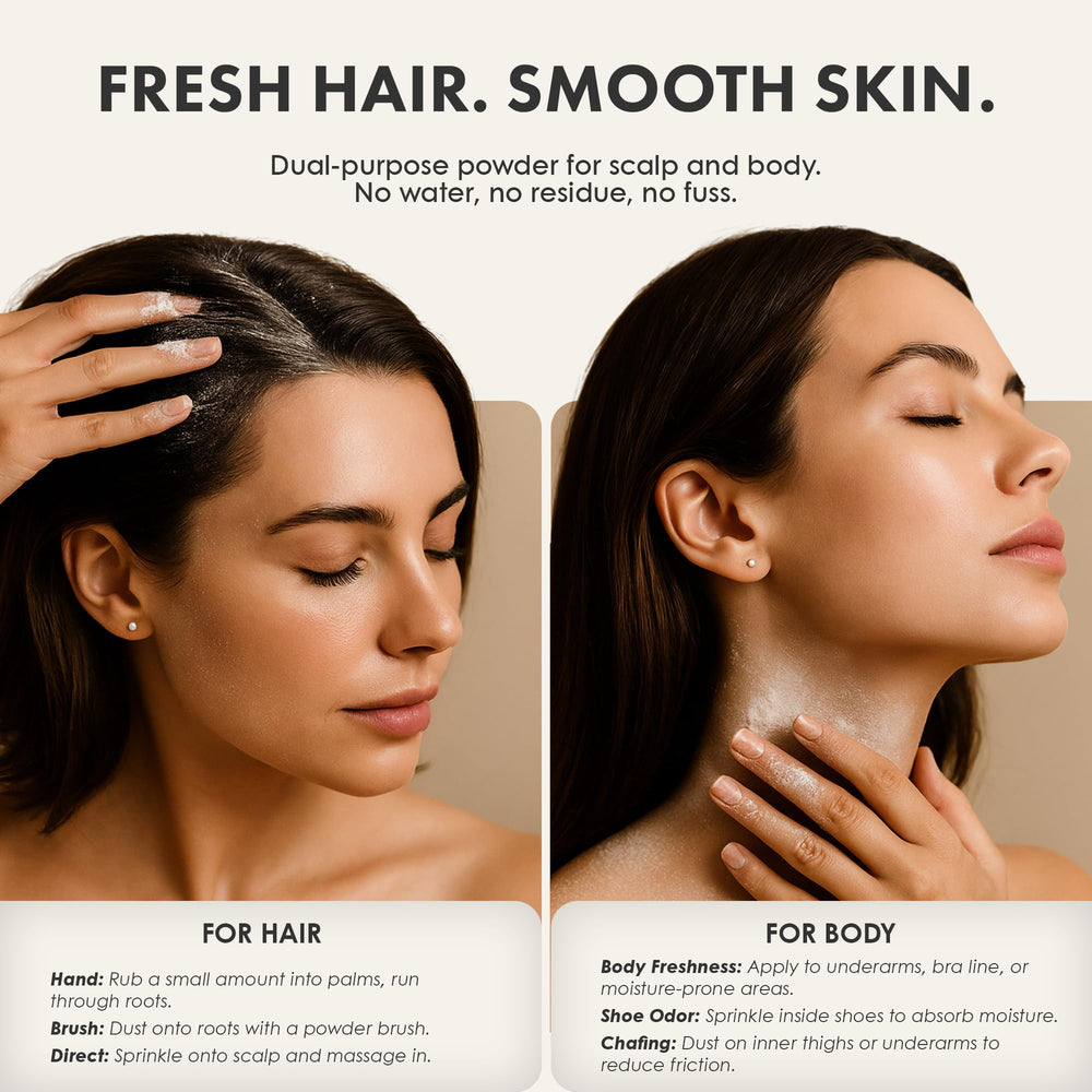 Lulu Organics Dry Shampoo Powder talc-free formula for everyday freshness.