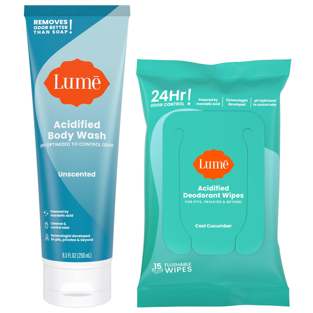 Lume Acidified Body Wash bottle pour shows pH-balanced cleansing with odor control