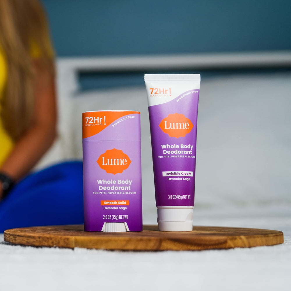 Lume bottle label emphasizes skin-safe, hypoallergenic formula