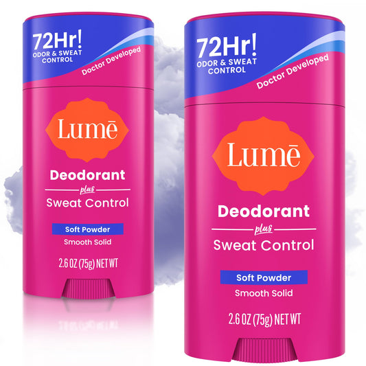 Lume Deodorant Plus Sweat Control smooth solid stick in soft powder scent for daily freshness