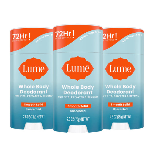 Lume whole body deodorant smooth solid unscented stick front view for all-day odor control
