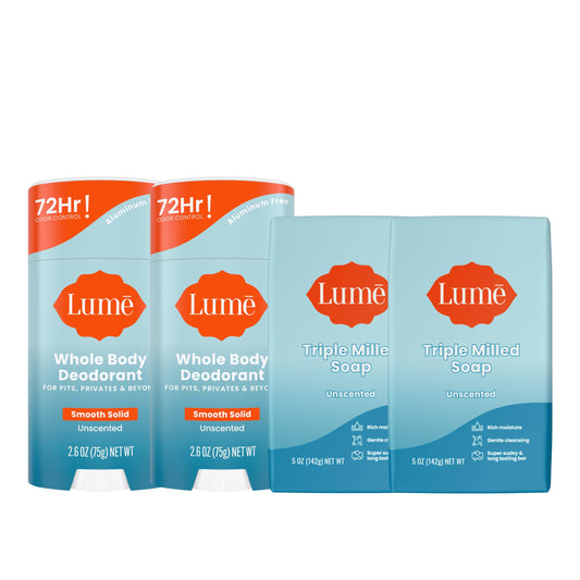 Lume unscented deodorant stick in use for versatile odor protection