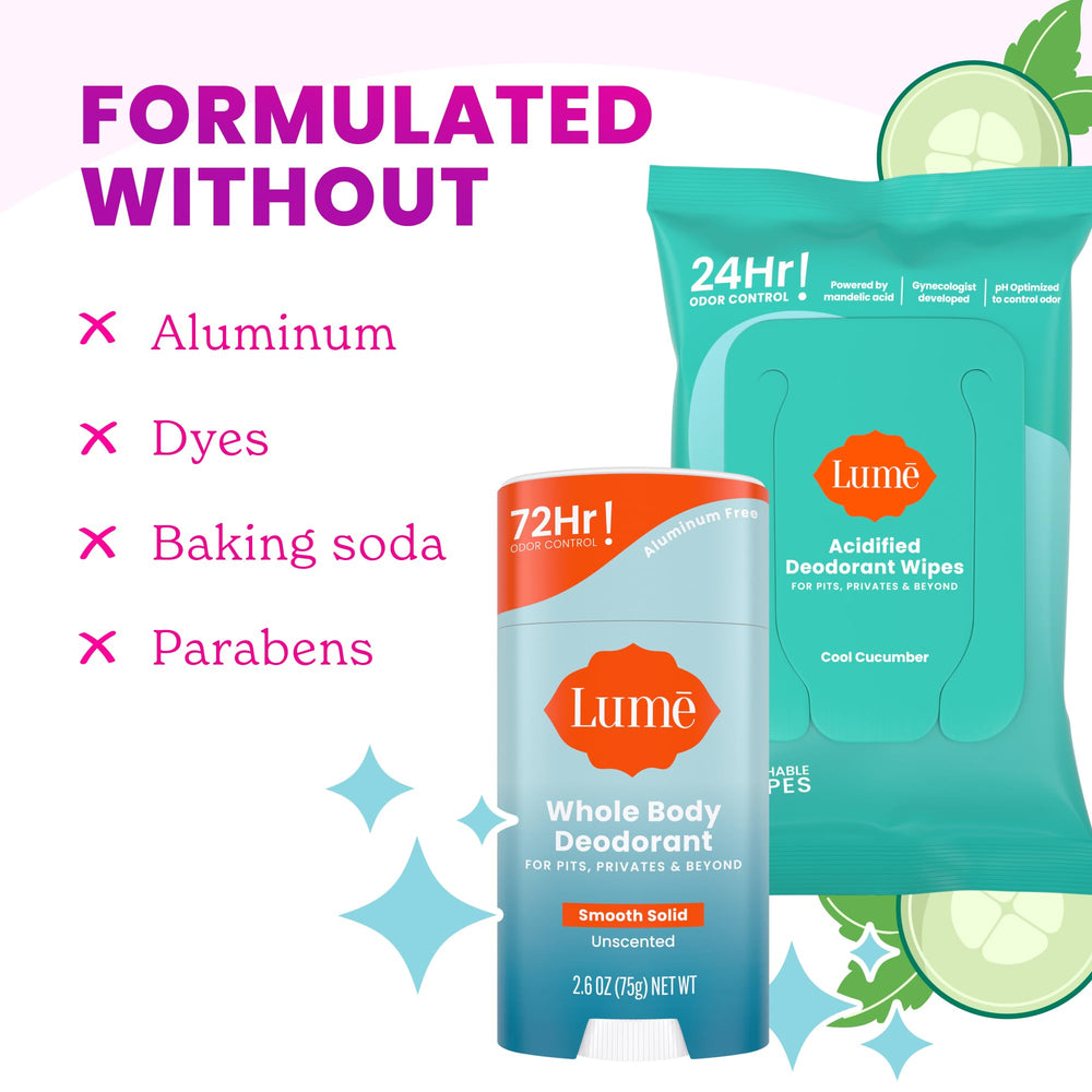 Close-up of Lume unscented deodorant stick label for reference