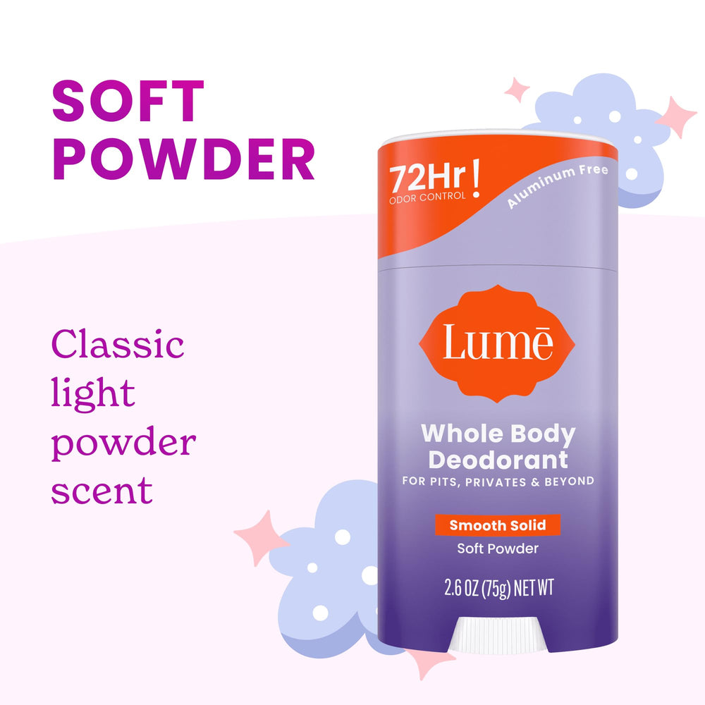 Lume Soft Powder scent on skin offering gentle odor control.