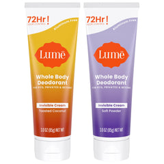 Lume soft powder tube shown for all-day odor control.