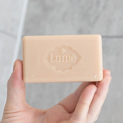 Lume Peony Rose soap bar used for shaving prep.