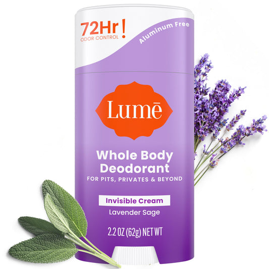 Lume whole body deodorant invisible cream stick for discreet, all-day odor control.