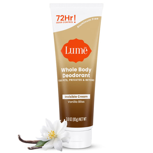 Lume invisible cream tube in Vanilla Bliss provides all-day odor control for the whole body.