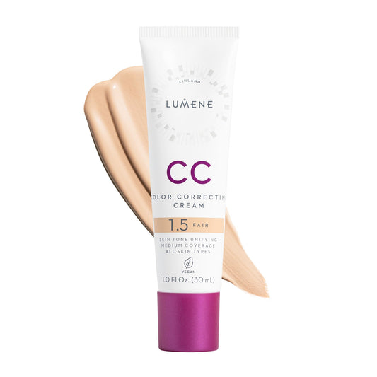 Lumene CC Cream bottle closeup showing lightweight hydration for radiant skin.