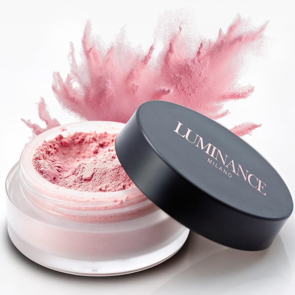 Luminance Milano Ultra Pink Powder jar close-up showing translucent texture for a matte finish.